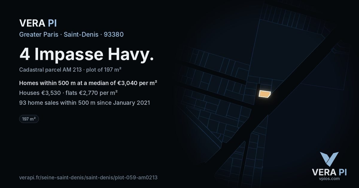4 Impasse Havy, Saint-Denis at night – the plot lit, the parcels around coloured by the prices near them