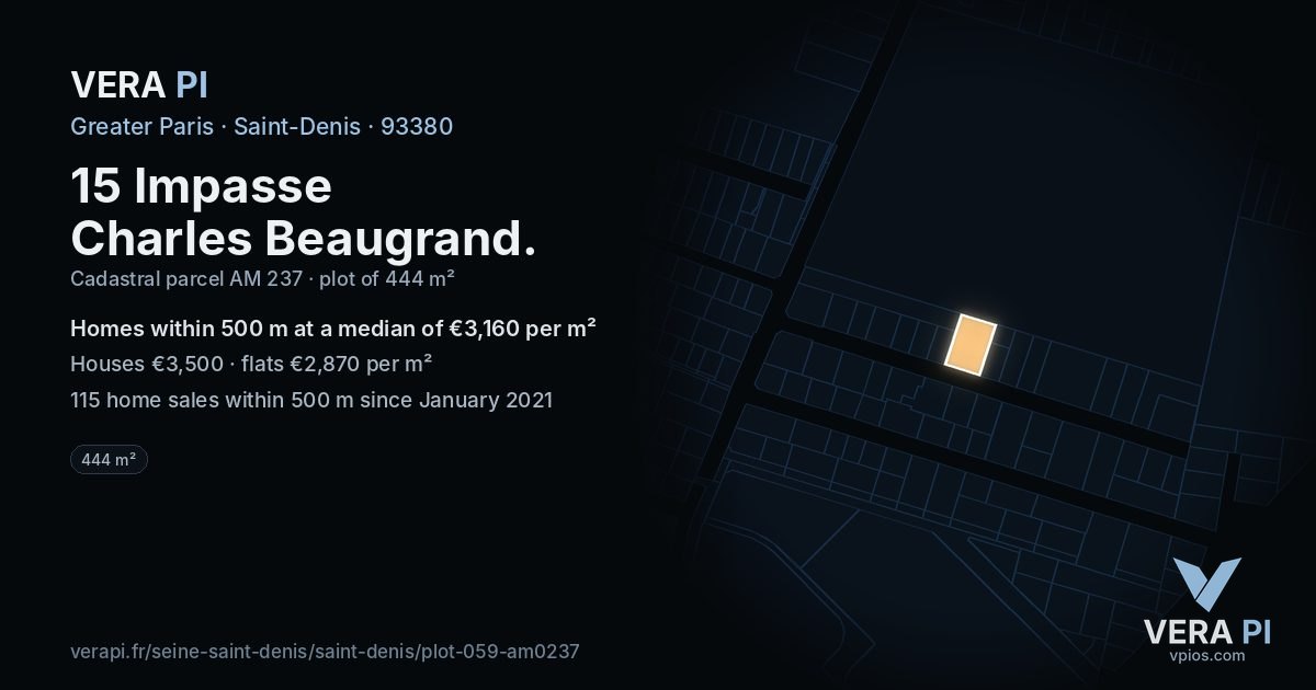 15 Impasse Charles Beaugrand, Saint-Denis at night – the plot lit, the parcels around coloured by the prices near them