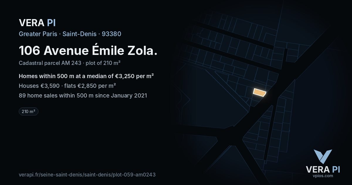 106 Avenue Émile Zola, Saint-Denis at night – the plot lit, the parcels around coloured by the prices near them