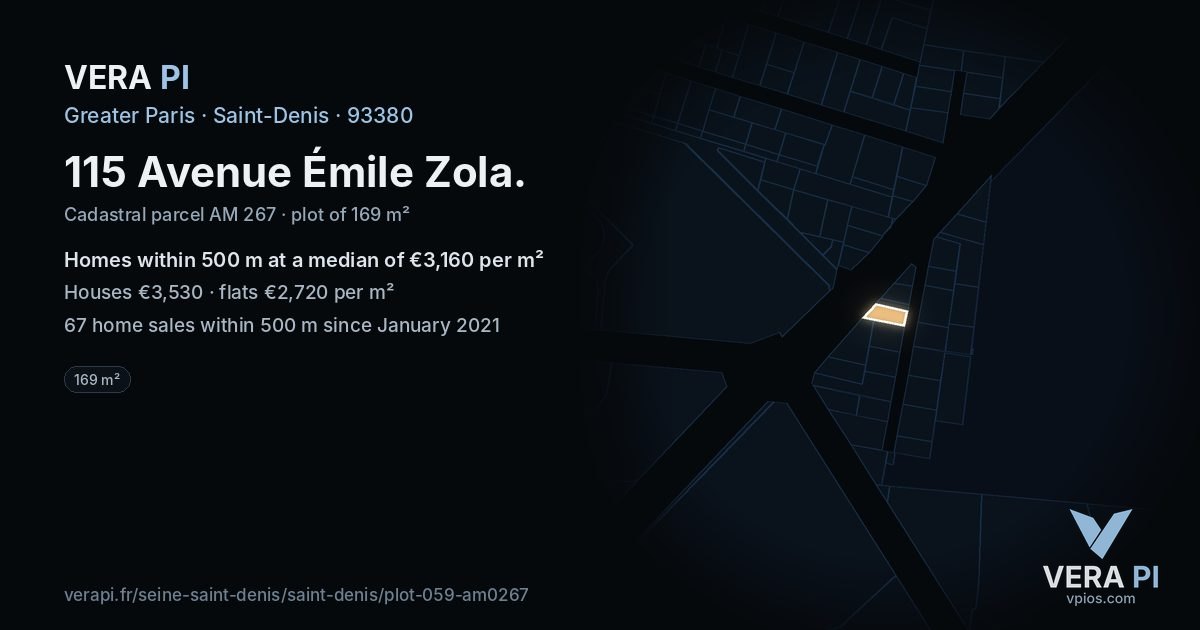 115 Avenue Émile Zola, Saint-Denis at night – the plot lit, the parcels around coloured by the prices near them