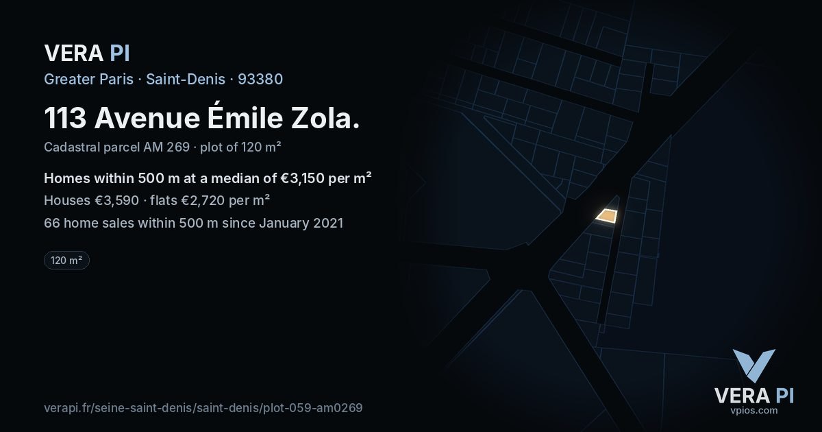 113 Avenue Émile Zola, Saint-Denis at night – the plot lit, the parcels around coloured by the prices near them
