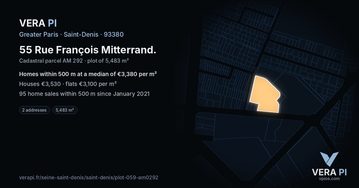 55 Rue François Mitterrand, Saint-Denis at night – the plot lit, the parcels around coloured by the prices near them