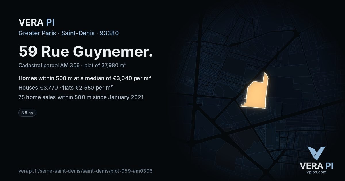 59 Rue Guynemer, Saint-Denis at night – the plot lit, the parcels around coloured by the prices near them