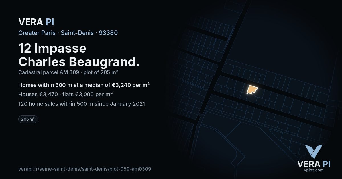 12 Impasse Charles Beaugrand, Saint-Denis at night – the plot lit, the parcels around coloured by the prices near them