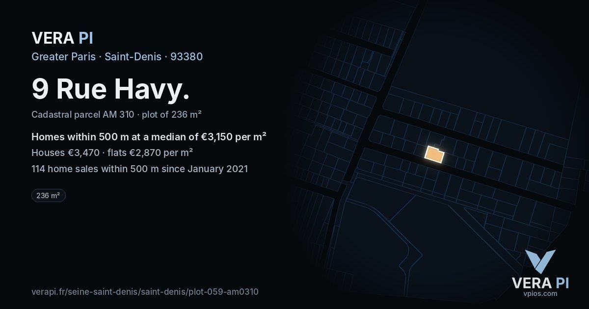 9 Rue Havy, Saint-Denis at night – the plot lit, the parcels around coloured by the prices near them