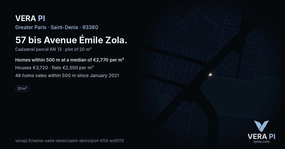 57 bis Avenue Émile Zola, Saint-Denis at night – the plot lit, the parcels around coloured by the prices near them