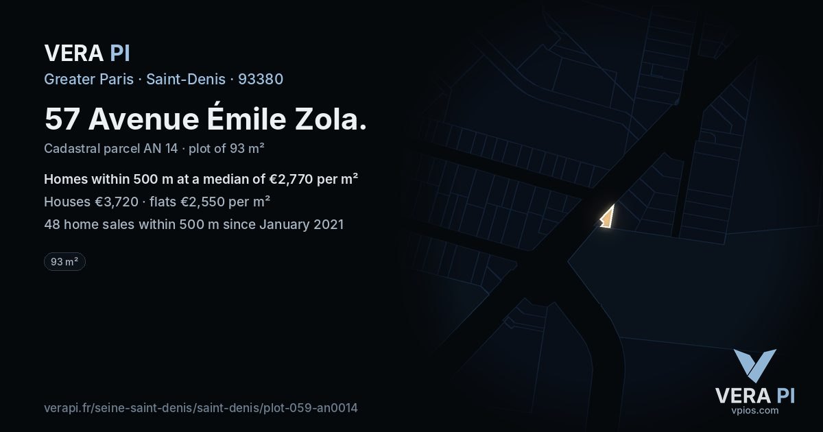 57 Avenue Émile Zola, Saint-Denis at night – the plot lit, the parcels around coloured by the prices near them