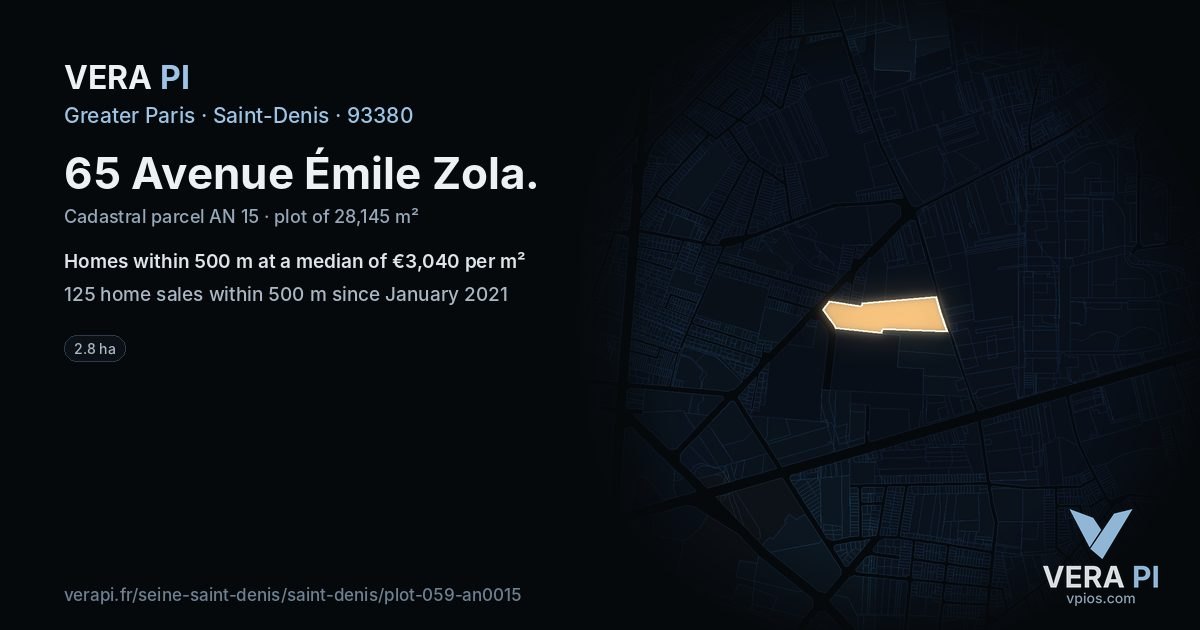 65 Avenue Émile Zola, Saint-Denis at night – the plot lit, the parcels around coloured by the prices near them