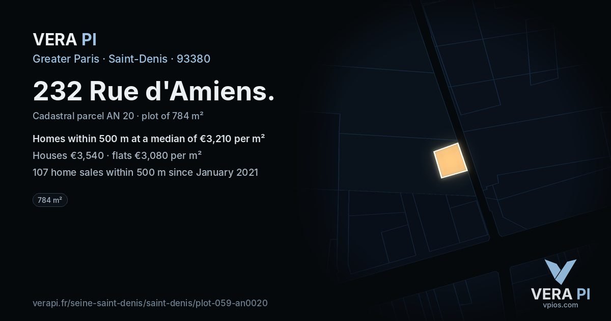 232 Rue d'Amiens, Saint-Denis at night – the plot lit, the parcels around coloured by the prices near them