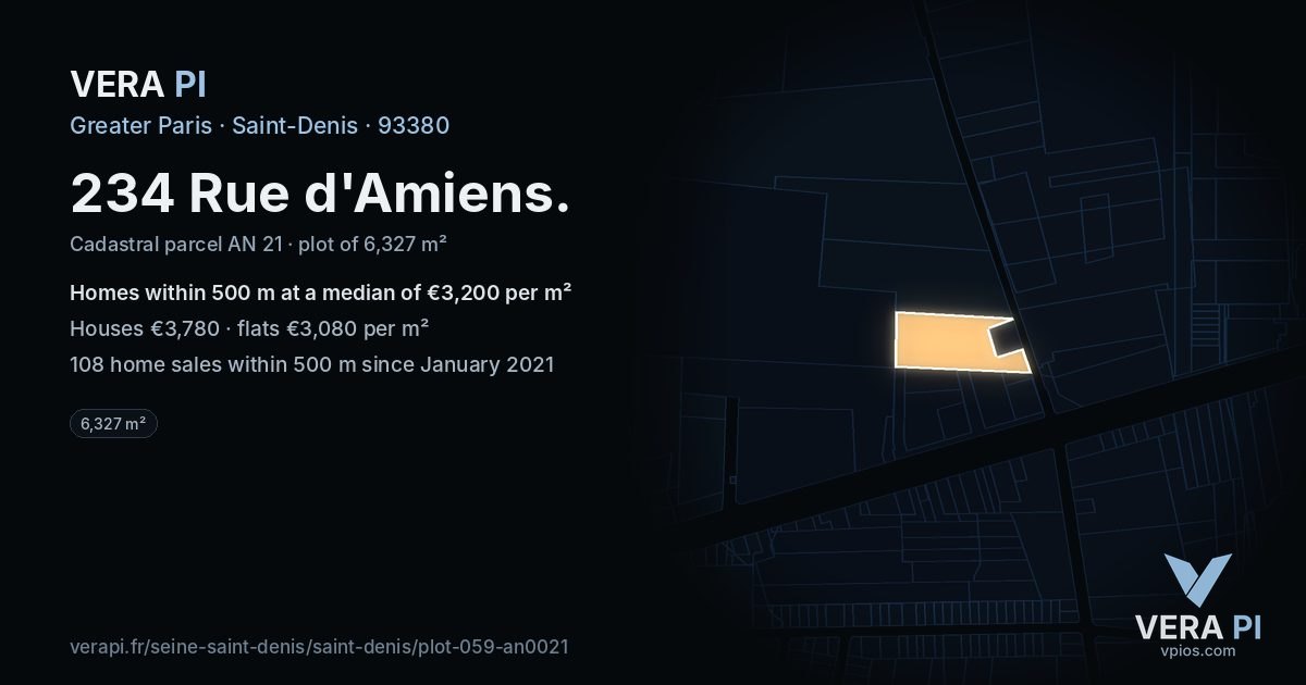 234 Rue d'Amiens, Saint-Denis at night – the plot lit, the parcels around coloured by the prices near them