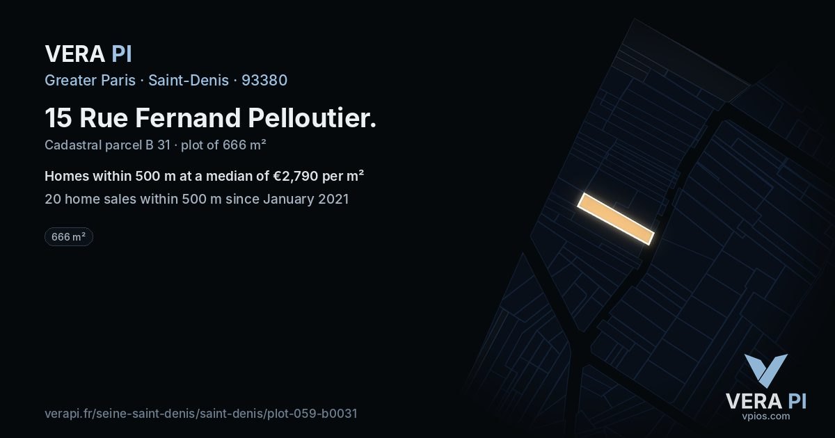 15 Rue Fernand Pelloutier, Saint-Denis at night – the plot lit, the parcels around coloured by the prices near them