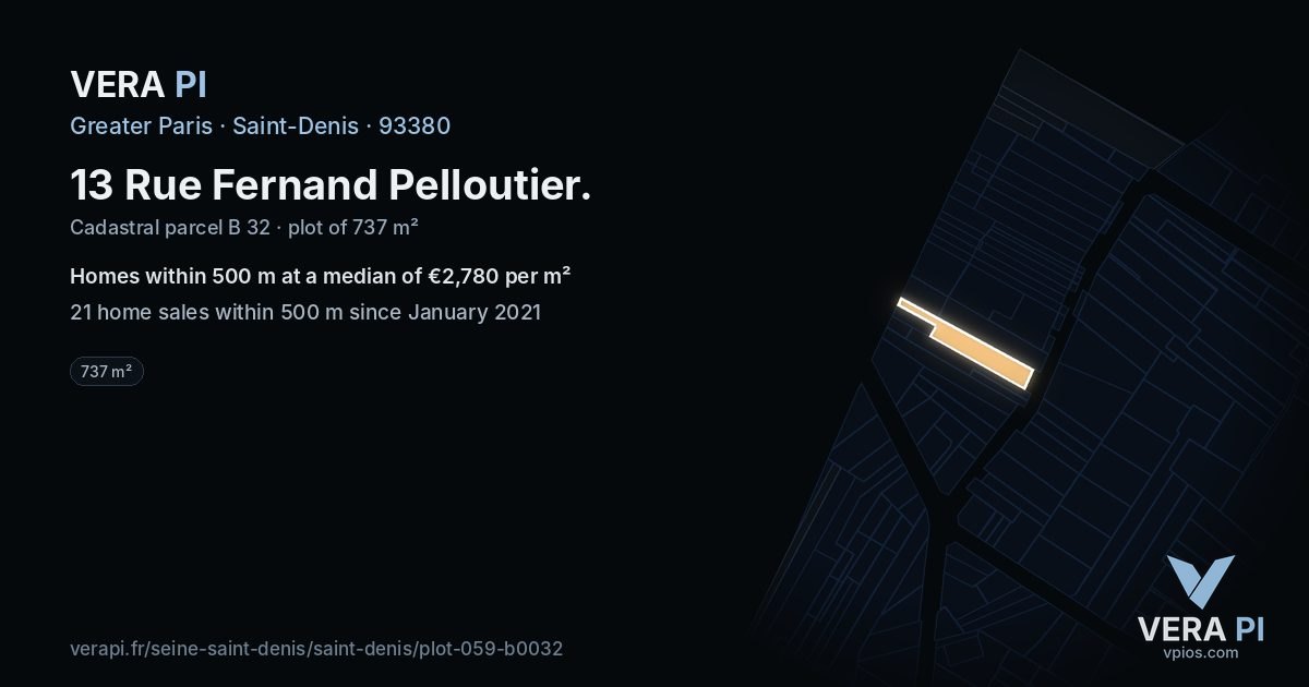 13 Rue Fernand Pelloutier, Saint-Denis at night – the plot lit, the parcels around coloured by the prices near them