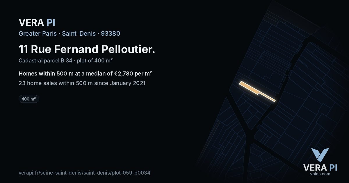 11 Rue Fernand Pelloutier, Saint-Denis at night – the plot lit, the parcels around coloured by the prices near them