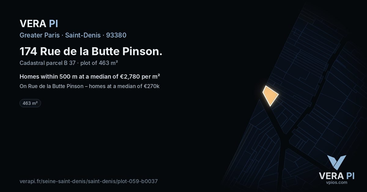 174 Rue de la Butte Pinson, Saint-Denis at night – the plot lit, the parcels around coloured by the prices near them