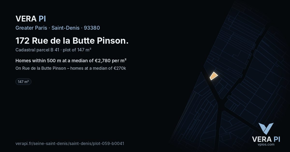 172 Rue de la Butte Pinson, Saint-Denis at night – the plot lit, the parcels around coloured by the prices near them