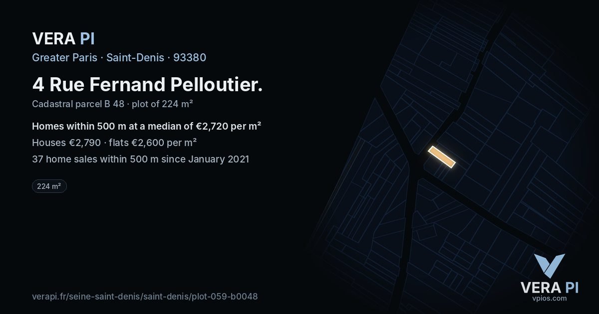 4 Rue Fernand Pelloutier, Saint-Denis at night – the plot lit, the parcels around coloured by the prices near them