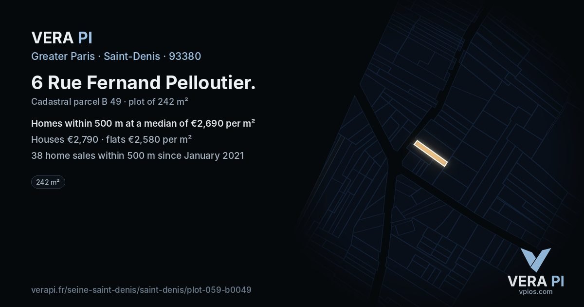 6 Rue Fernand Pelloutier, Saint-Denis at night – the plot lit, the parcels around coloured by the prices near them