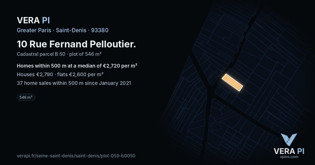 10 Rue Fernand Pelloutier, Saint-Denis at night – the plot lit, the parcels around coloured by the prices near them