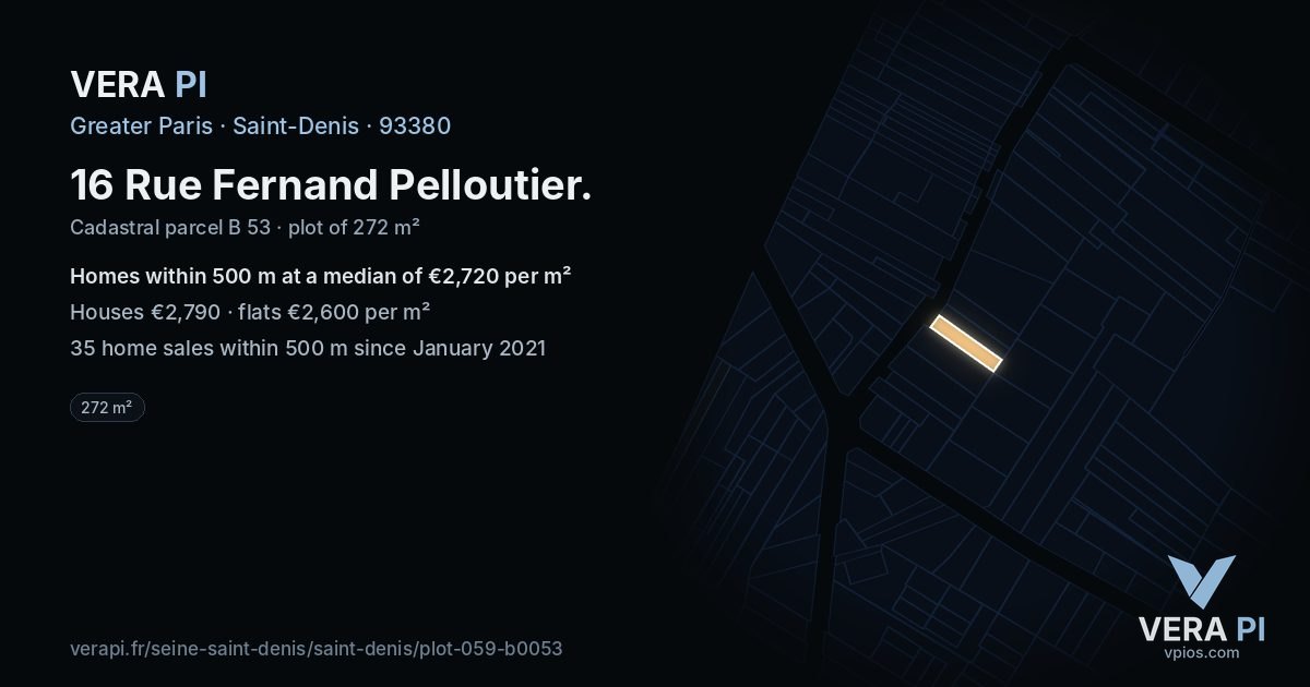 16 Rue Fernand Pelloutier, Saint-Denis at night – the plot lit, the parcels around coloured by the prices near them