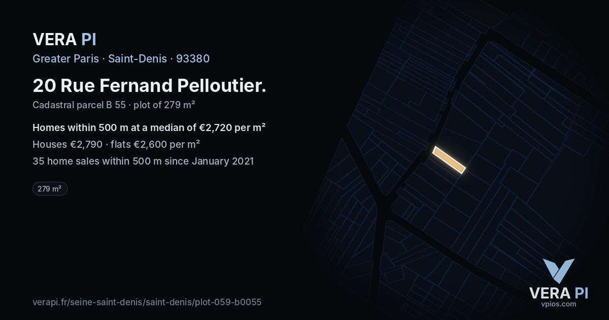 20 Rue Fernand Pelloutier, Saint-Denis at night – the plot lit, the parcels around coloured by the prices near them