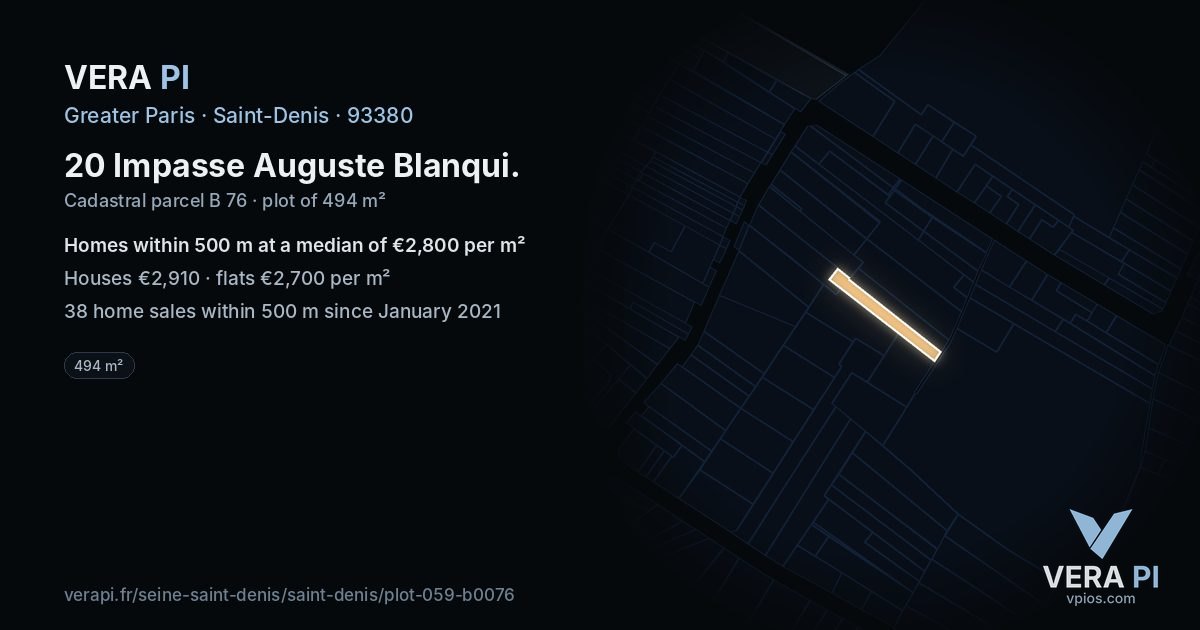 20 Impasse Auguste Blanqui, Saint-Denis at night – the plot lit, the parcels around coloured by the prices near them