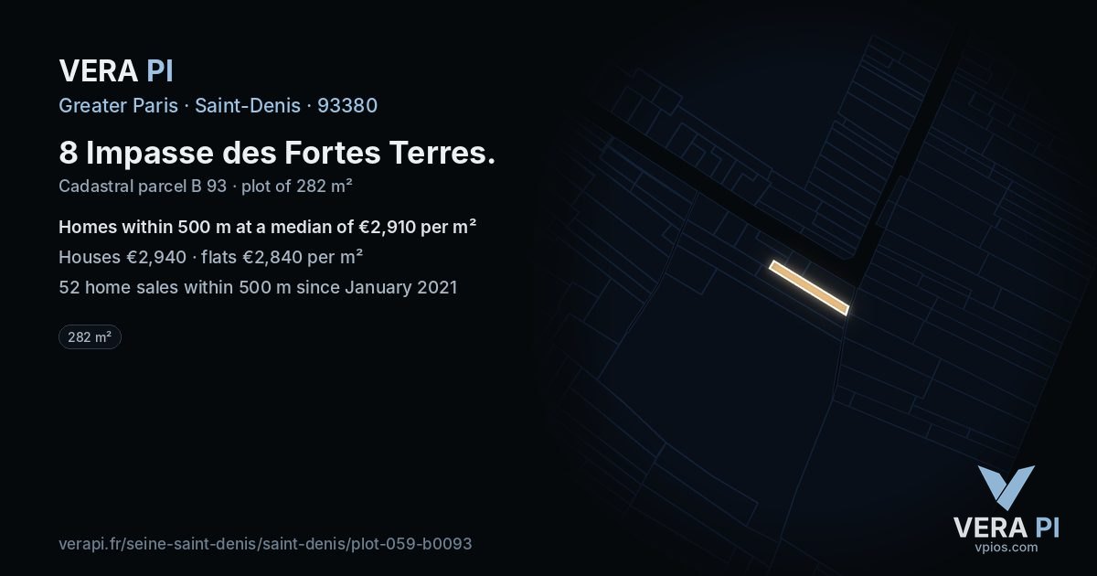 8 Impasse des Fortes Terres, Saint-Denis at night – the plot lit, the parcels around coloured by the prices near them