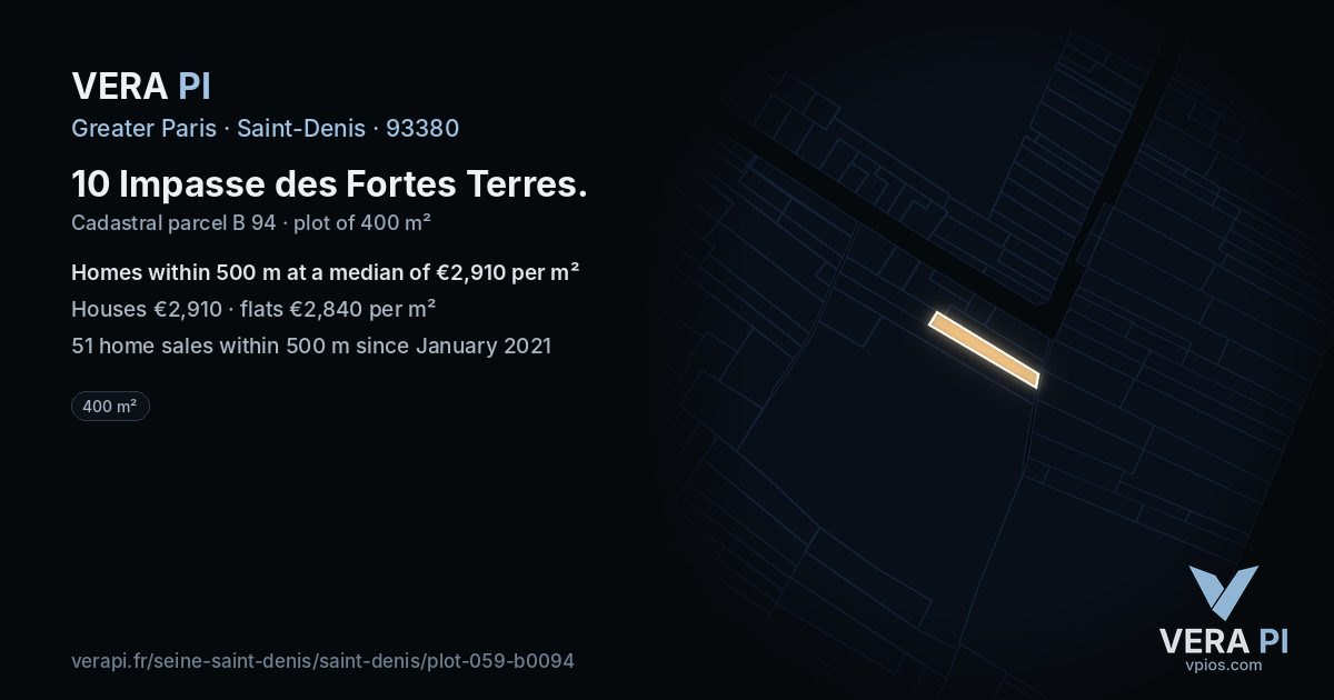 10 Impasse des Fortes Terres, Saint-Denis at night – the plot lit, the parcels around coloured by the prices near them