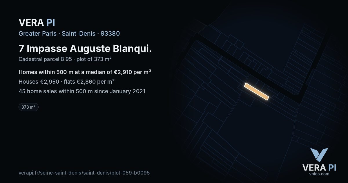 7 Impasse Auguste Blanqui, Saint-Denis at night – the plot lit, the parcels around coloured by the prices near them