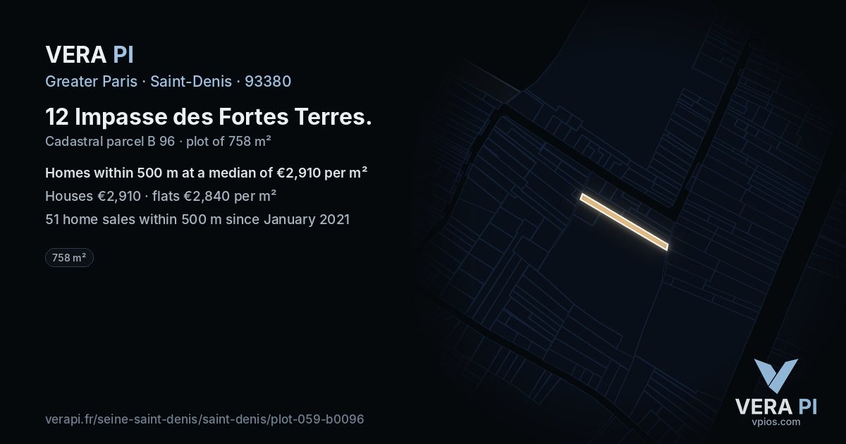 12 Impasse des Fortes Terres, Saint-Denis at night – the plot lit, the parcels around coloured by the prices near them