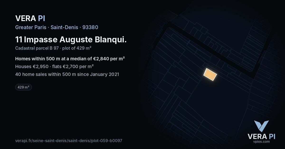 11 Impasse Auguste Blanqui, Saint-Denis at night – the plot lit, the parcels around coloured by the prices near them