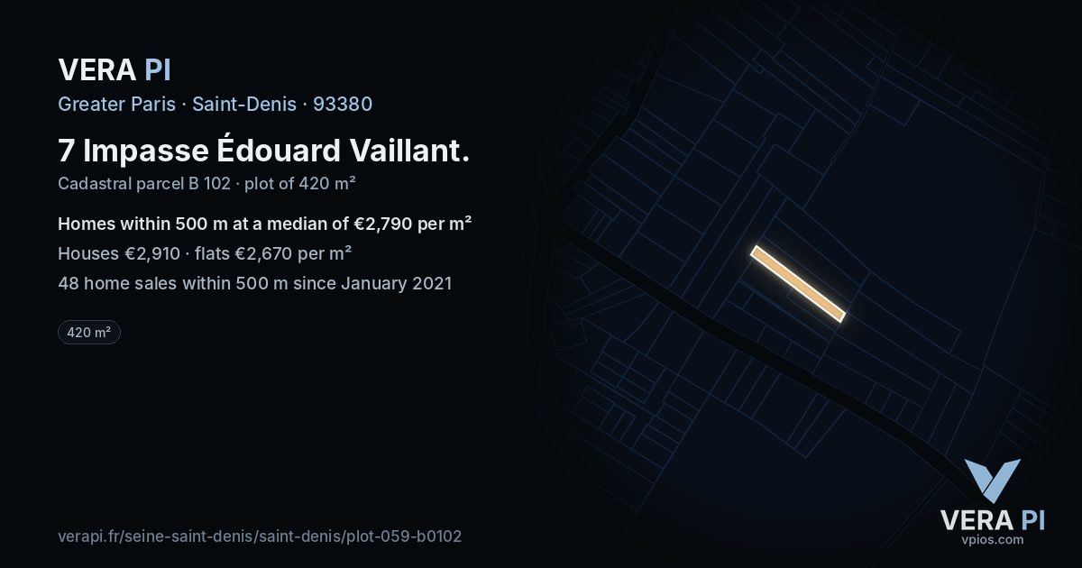 7 Impasse Édouard Vaillant, Saint-Denis at night – the plot lit, the parcels around coloured by the prices near them