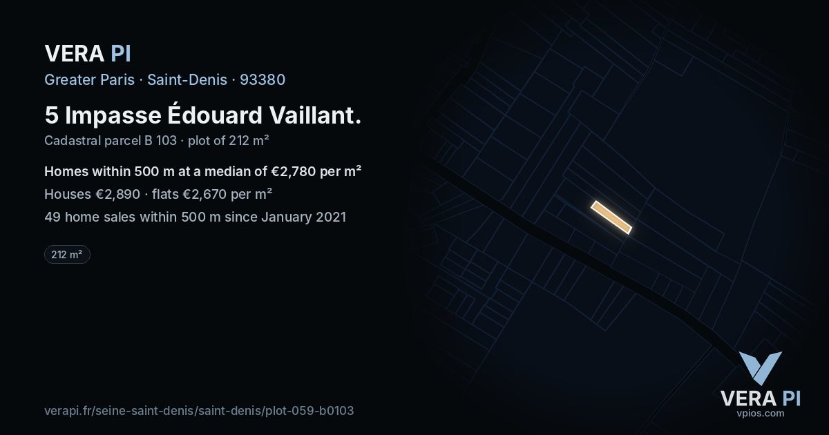 5 Impasse Édouard Vaillant, Saint-Denis at night – the plot lit, the parcels around coloured by the prices near them