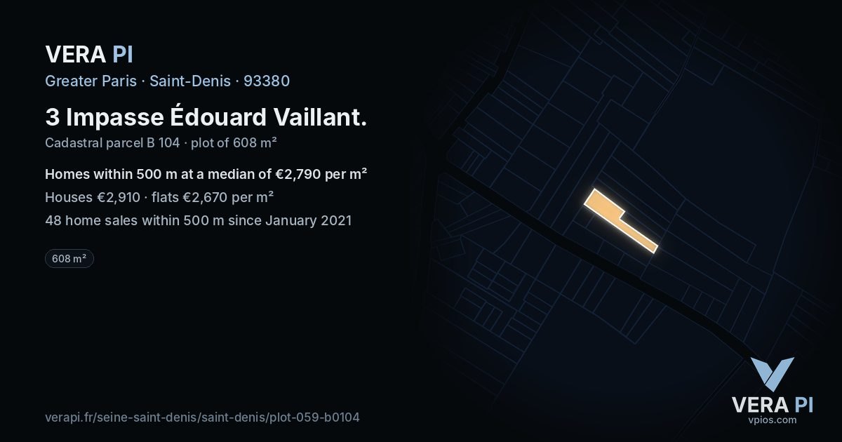 3 Impasse Édouard Vaillant, Saint-Denis at night – the plot lit, the parcels around coloured by the prices near them