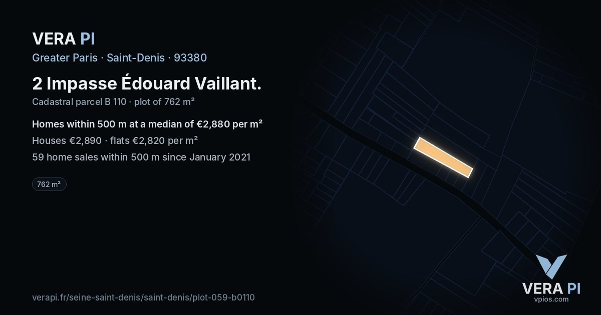 2 Impasse Édouard Vaillant, Saint-Denis at night – the plot lit, the parcels around coloured by the prices near them
