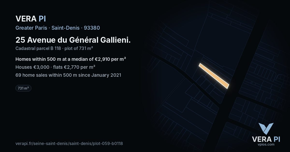 25 Avenue du Général Gallieni, Saint-Denis at night – the plot lit, the parcels around coloured by the prices near them