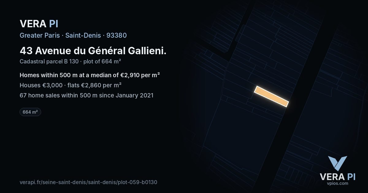 43 Avenue du Général Gallieni, Saint-Denis at night – the plot lit, the parcels around coloured by the prices near them
