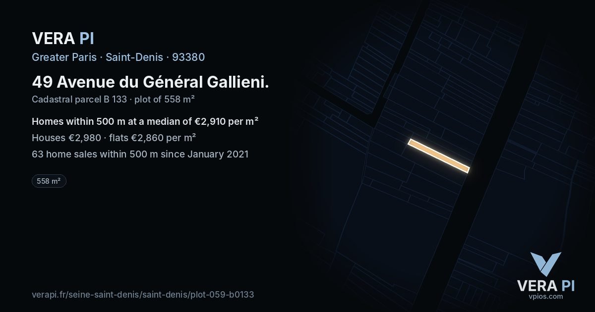 49 Avenue du Général Gallieni, Saint-Denis at night – the plot lit, the parcels around coloured by the prices near them