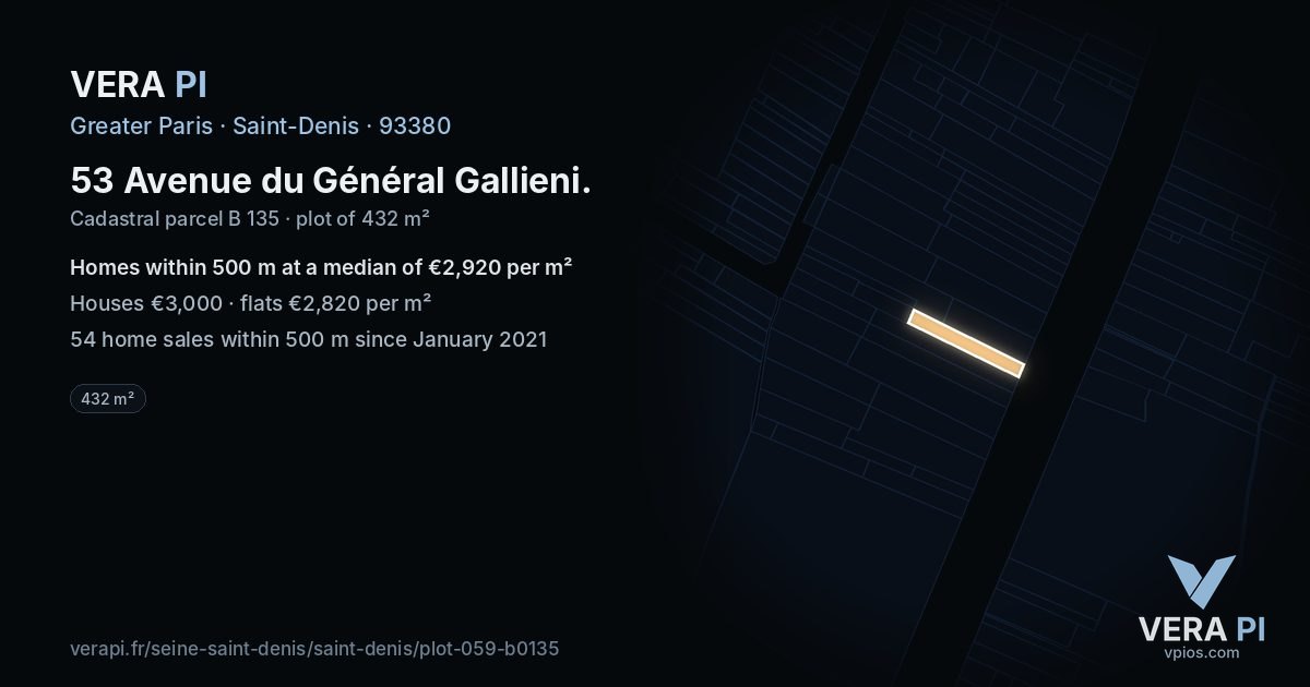53 Avenue du Général Gallieni, Saint-Denis at night – the plot lit, the parcels around coloured by the prices near them