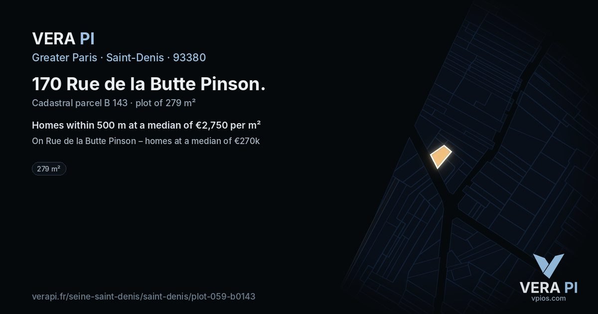 170 Rue de la Butte Pinson, Saint-Denis at night – the plot lit, the parcels around coloured by the prices near them