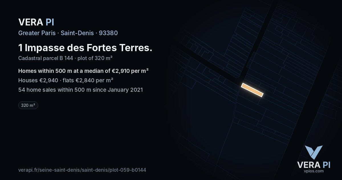 1 Impasse des Fortes Terres, Saint-Denis at night – the plot lit, the parcels around coloured by the prices near them