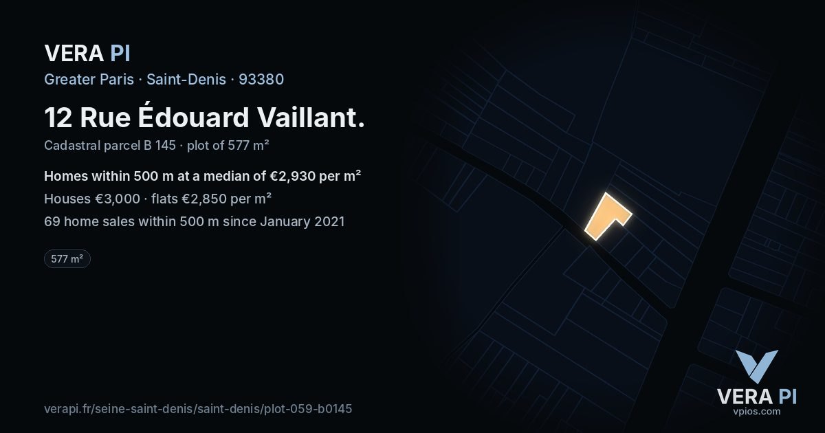 12 Rue Édouard Vaillant, Saint-Denis at night – the plot lit, the parcels around coloured by the prices near them