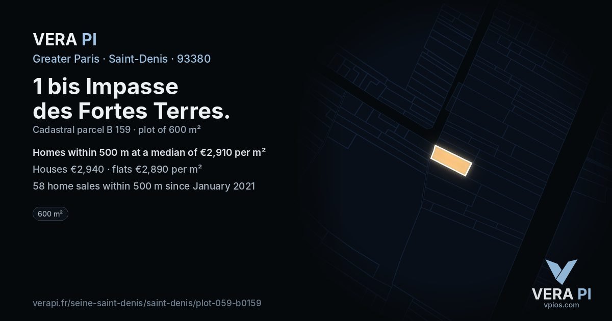 1 bis Impasse des Fortes Terres, Saint-Denis at night – the plot lit, the parcels around coloured by the prices near them