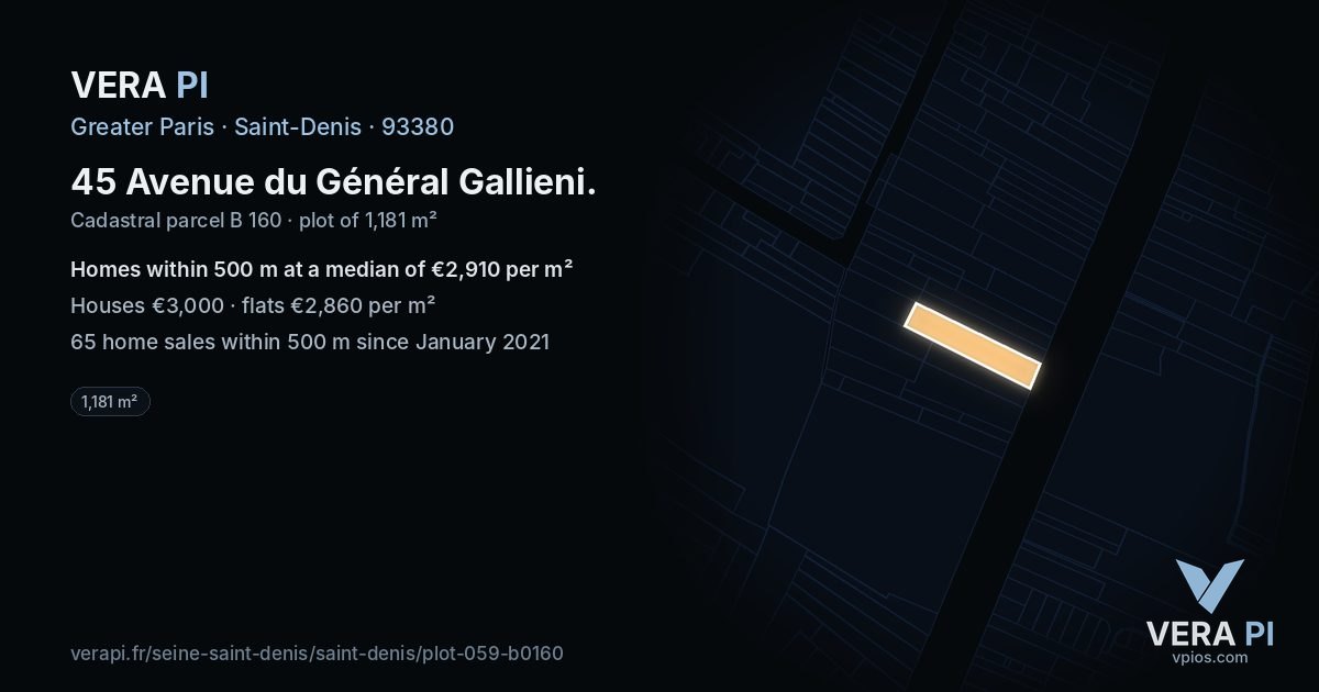 45 Avenue du Général Gallieni, Saint-Denis at night – the plot lit, the parcels around coloured by the prices near them