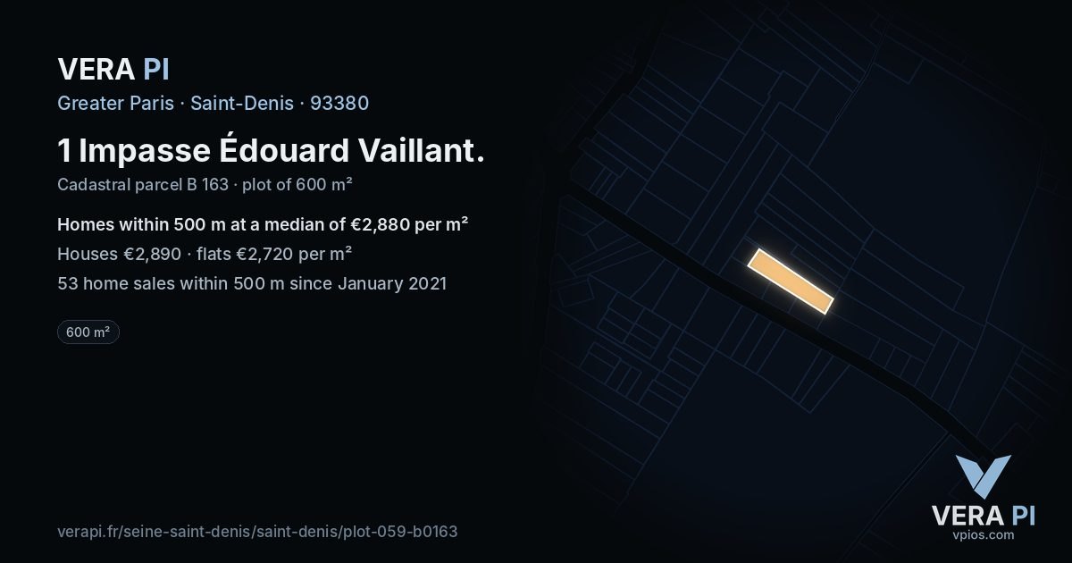 1 Impasse Édouard Vaillant, Saint-Denis at night – the plot lit, the parcels around coloured by the prices near them