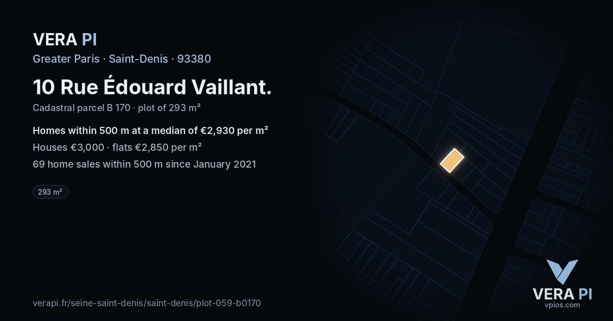 10 Rue Édouard Vaillant, Saint-Denis at night – the plot lit, the parcels around coloured by the prices near them