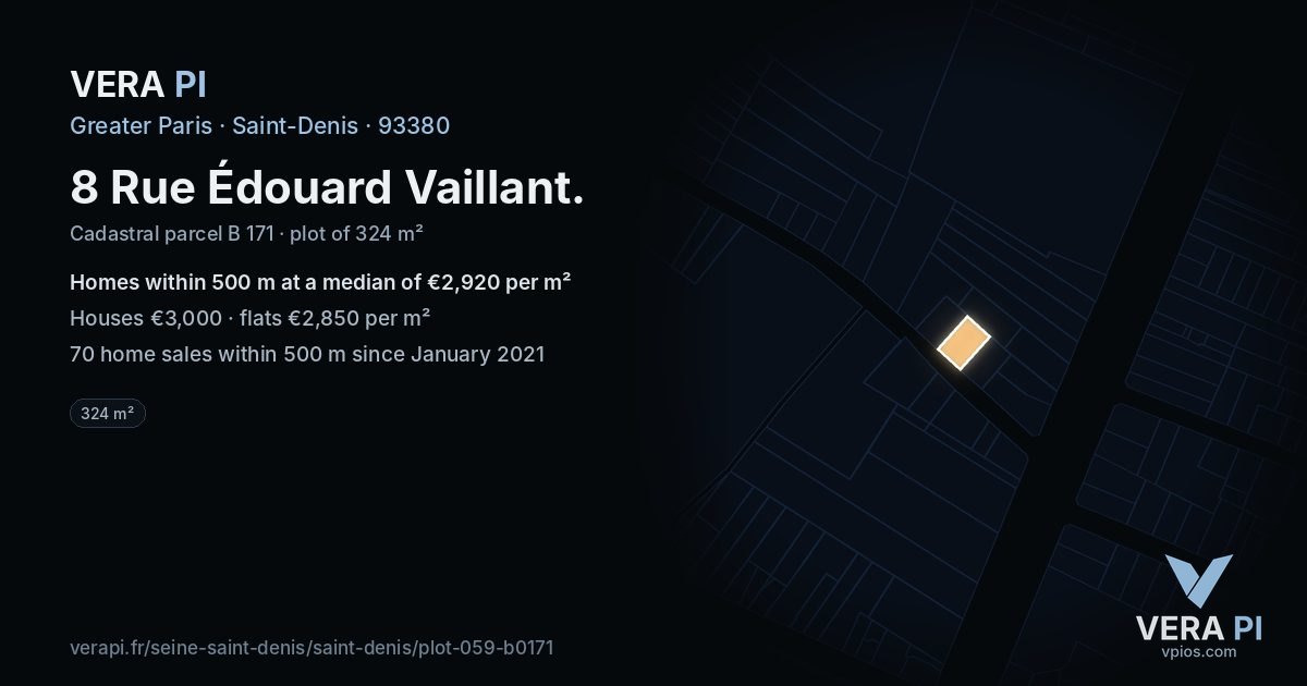 8 Rue Édouard Vaillant, Saint-Denis at night – the plot lit, the parcels around coloured by the prices near them