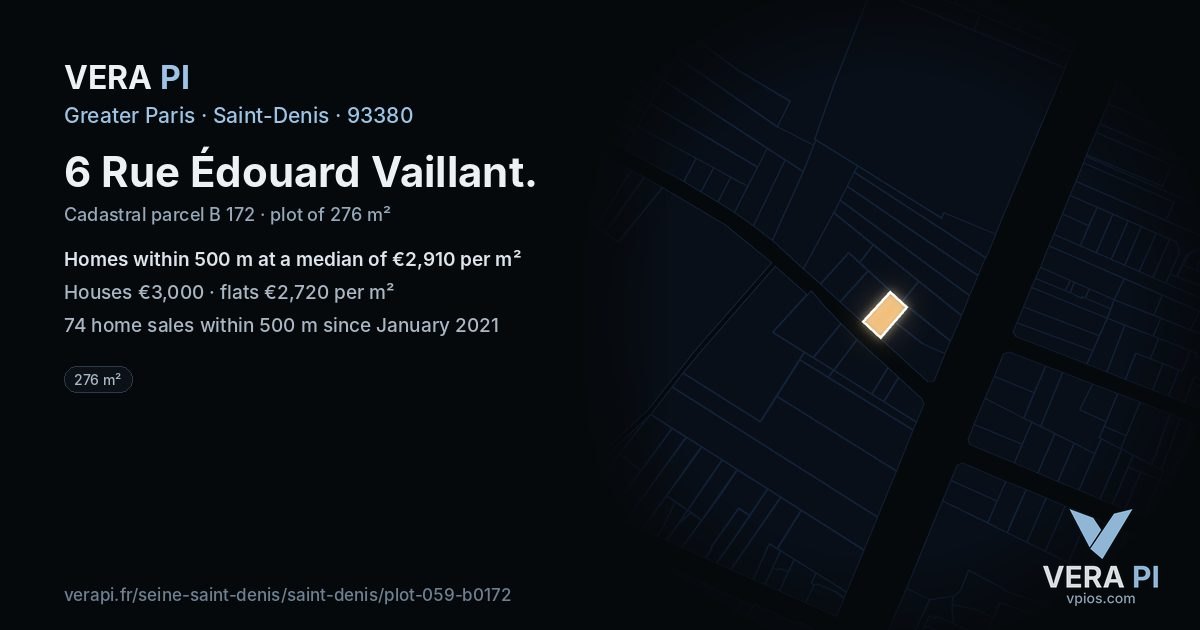 6 Rue Édouard Vaillant, Saint-Denis at night – the plot lit, the parcels around coloured by the prices near them