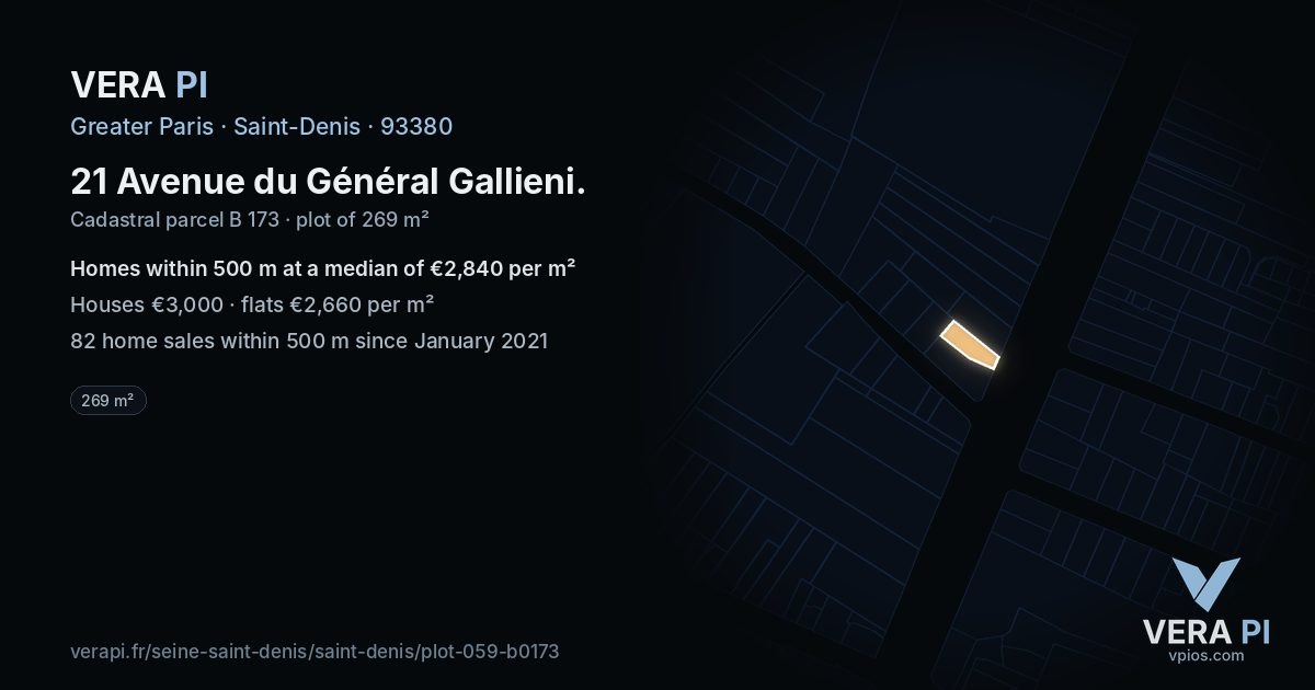 21 Avenue du Général Gallieni, Saint-Denis at night – the plot lit, the parcels around coloured by the prices near them