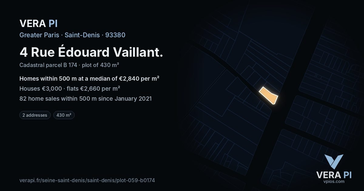 4 Rue Édouard Vaillant, Saint-Denis at night – the plot lit, the parcels around coloured by the prices near them