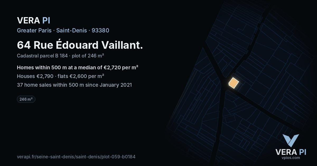 64 Rue Édouard Vaillant, Saint-Denis at night – the plot lit, the parcels around coloured by the prices near them